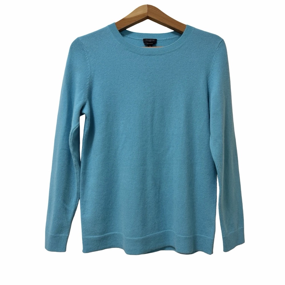 TALBOTS Womens Pure Cashmere Crew Neck Sweater Size LP Blue Cozy Quiet Luxury